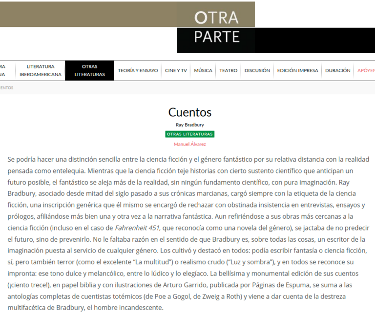 Revista Otra Parte reseña los Cuentos de Bradbury